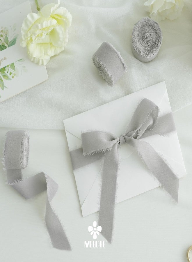 MEEDEE Silver Chiffon Ribbon 1 Inch Frayed Ribbons Gray Chiffon Silk Grey Fringe Ribbon Thin Chiffon Ribbons for Crafts, Gift Wrapping, Wedding Invitation (3 Rolls 21 Yards) - Image 4